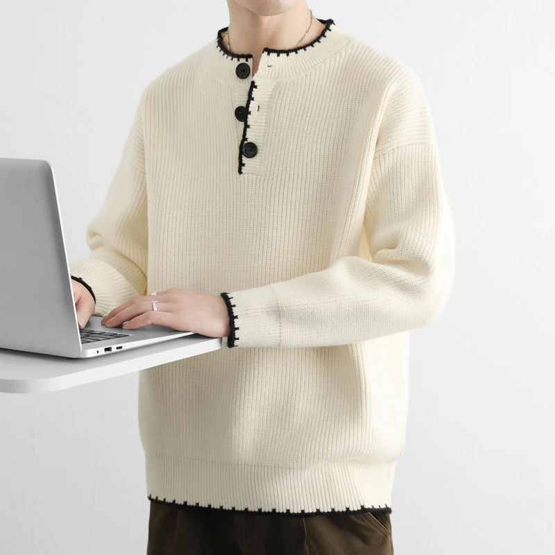 

Fashion Henley Collar Casual Loose Lazy Style Sweater Men Autumn And Winter Retro Street High-End Loose Pullover Cotton Sweater