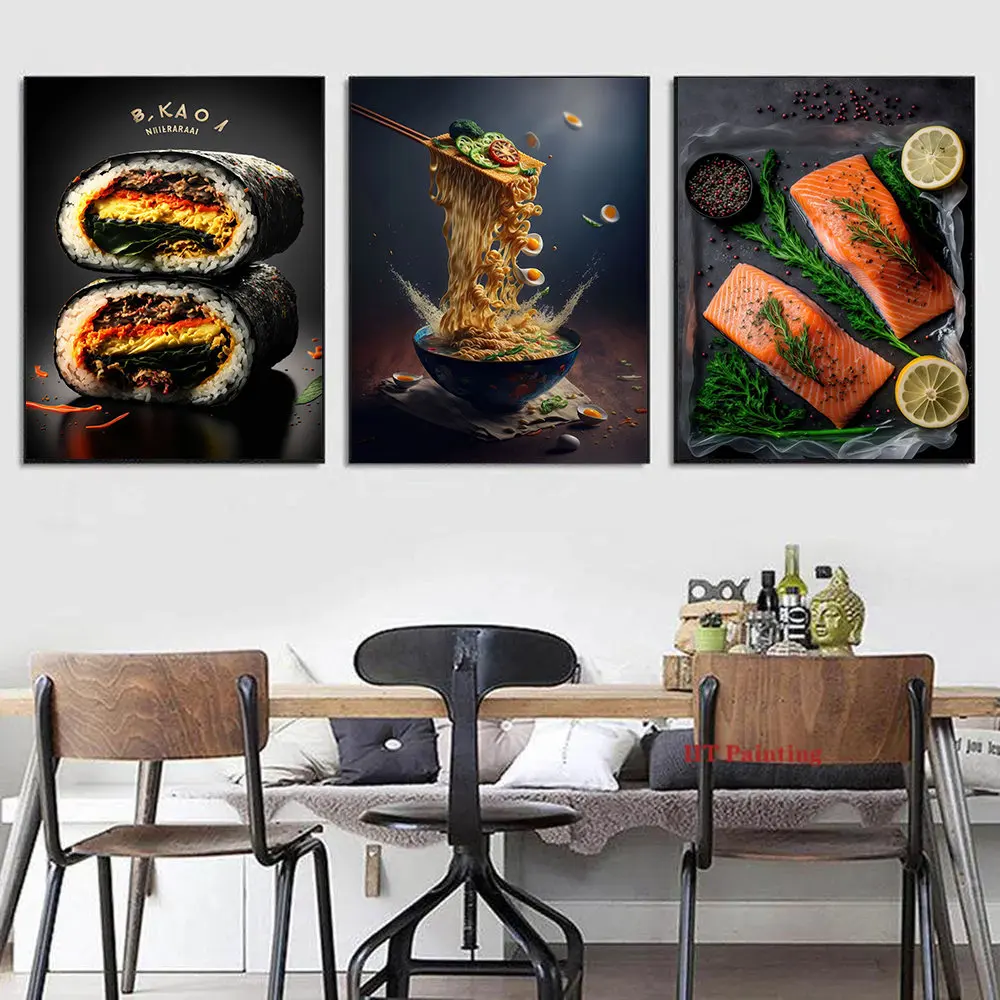 Japanese Food Sushi Salmon Roll Ramen Noodles Caviar Poster Canvas Painting Picture Kitchen Restaurant Dining Hall Home Decor