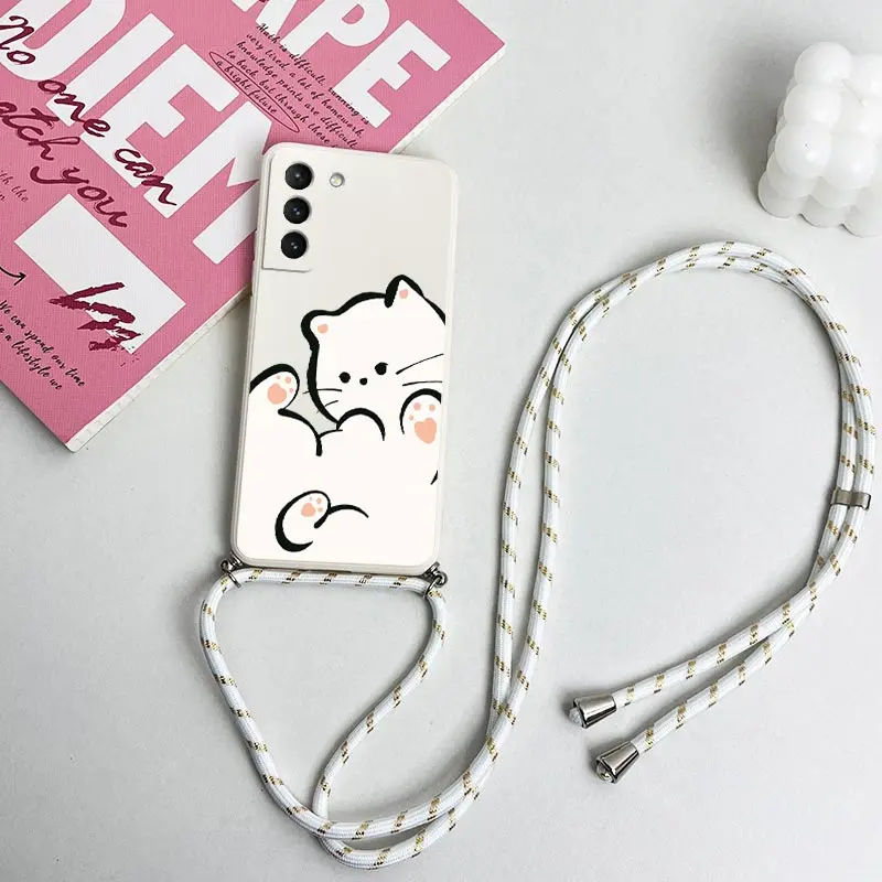 White Cloud Cat Crossbody Lanyard Silicone Phone Case For Samsung Galaxy S23 S23 Plus S22 S21 FE S21 S20 S9 Note 20 10 20 Cover