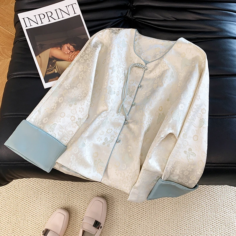 

New Chinese Ancient Sle Hanfu Svel Satin Heavy Embroidery National Sle All-Match Long Sve Top Women's Faion