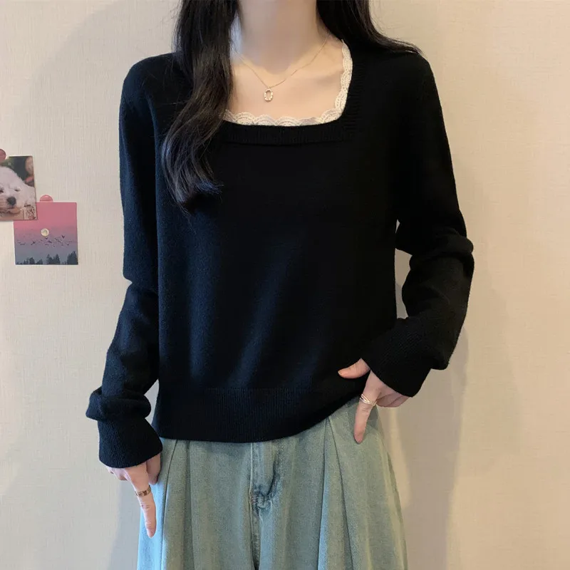 Primavera Faion talla grande mujer tejido irt adorno Floral empalme cuello cuadrado suelto coreano Sle adelgazante Boting irt