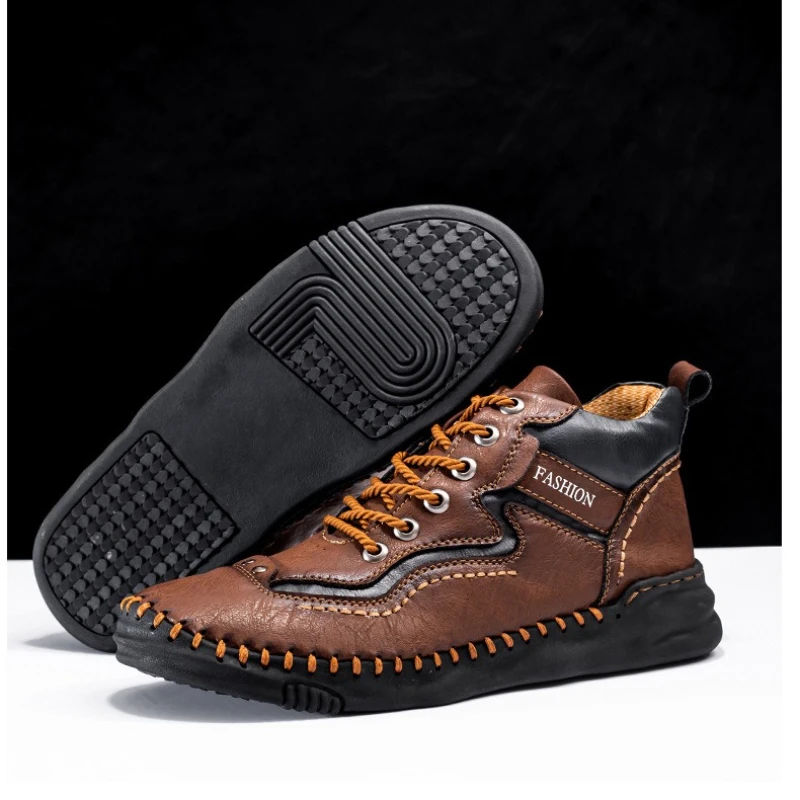 

Hand-stitched Vintage Mid-top Men's Casual Shoes Fashion Lace Up Men Soft Leather Sneakers Breathable Male Outdoor Ankle Boots