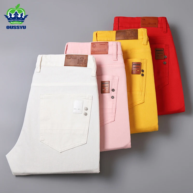 

All Seasons White Slim Pants Men Cotton Yellow Pink Red Classic Solid Color Streetwear Fashion Skinny Trousers Male