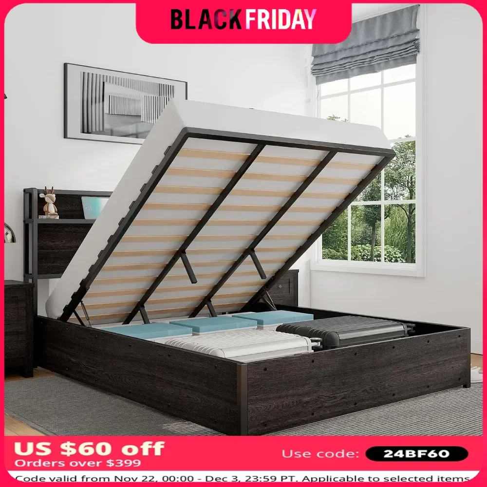 Queen Size Lift Up Storage Bed with Storage Headboard & Charging Station No Box Spring Needed Easy Assembly Wood Bed Frame