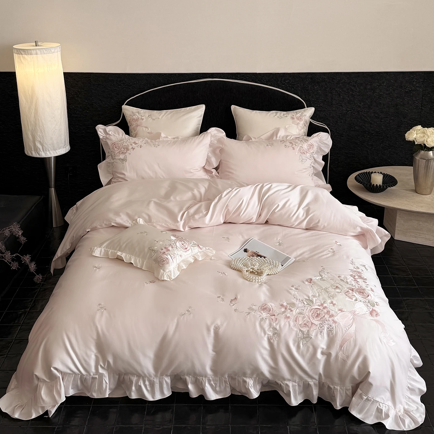 Pink Flowers Embroidery Ruffles Luxury Bedding Set 600TC Egyptian Cotton Duvet Cover Flat/Fitted Bed Sheet Pillowcases 3/4Pcs