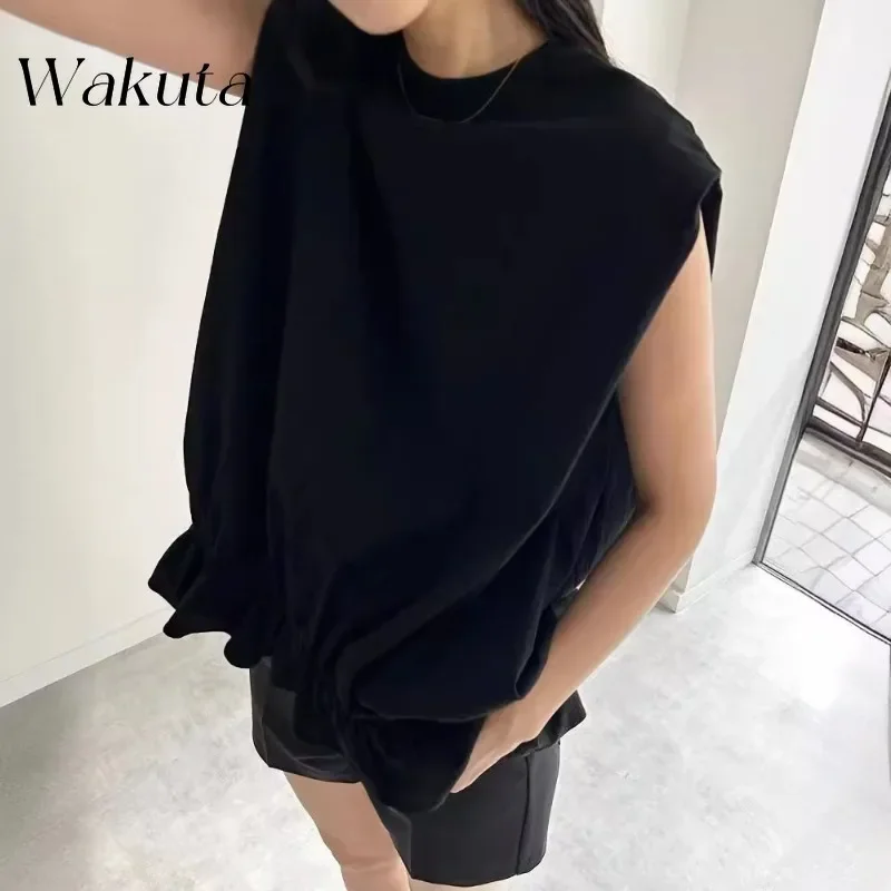 WAKUTA Japanese Fashion Round Neck Broad Shoulders Ins Blogger Design Women Shirts Casual Loose Thin Blouses Camisas De Mujer