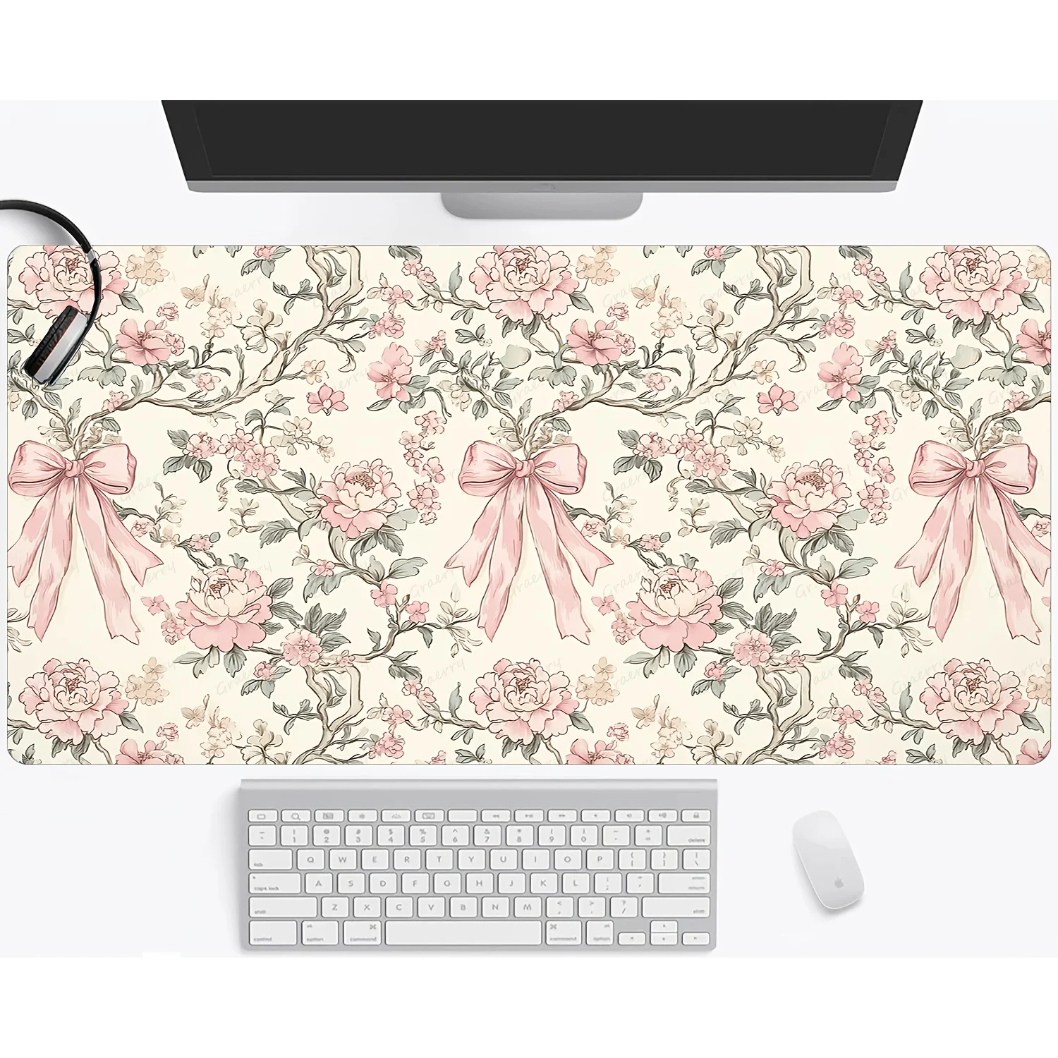 Retro floral pink bow game mouse pad, computer keyboard pad, sewn edge anti-slip rubber base, suitable for office and home use