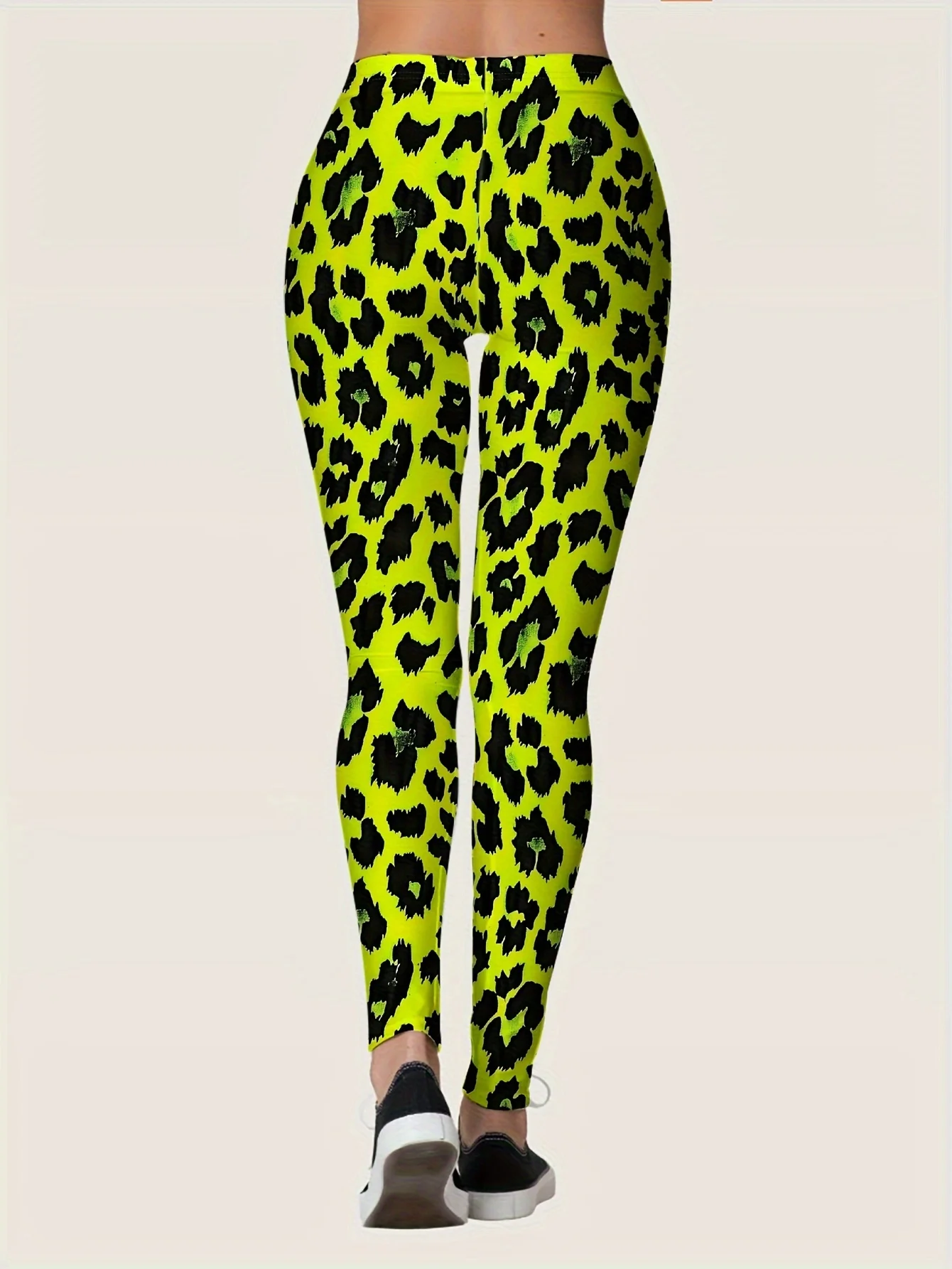 Women Mid‑Rise Fleece Lined Leggings Neon Yellow Leopard Print Warm Elastic Streetwear Casual Pants