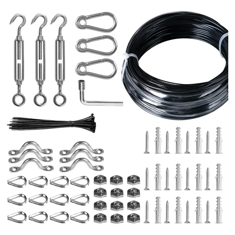 

TFORU-Outdoor String Light Hanging Kit, 200 Ft. Stainless Steel (304) Hanging Rope Cable, Black Vinyl Coating, Swivel Buckle
