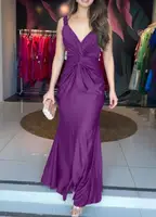 Vestidos para mujer 2025, nuevo vestido de noche de satén sin mangas con agujeros y parte delantera torcida, detalle atado, espalda descubierta, cremallera trasera, vestido con dobladillo de sirena