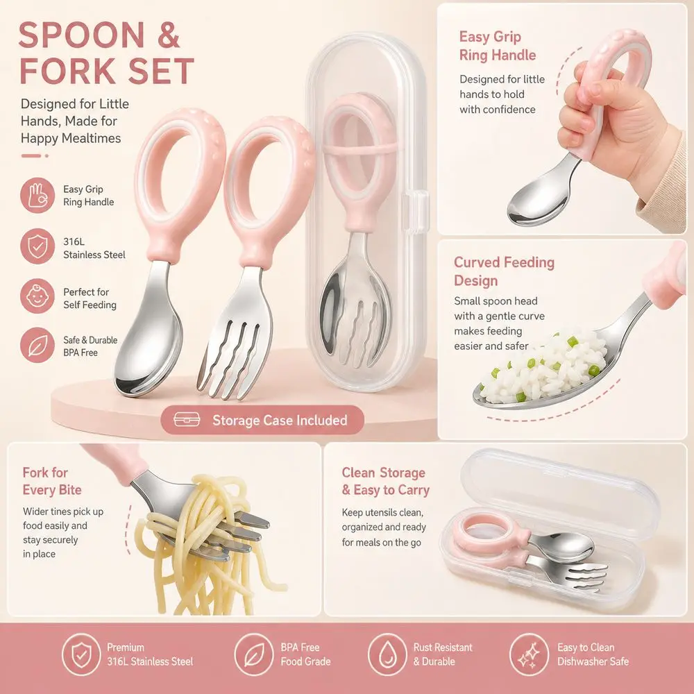 316L Stainless Steel Spoon Fork Set Easy Grip Smooth Polished Toddler Utensil Set with Storage Case Curved Design Spoon Fork