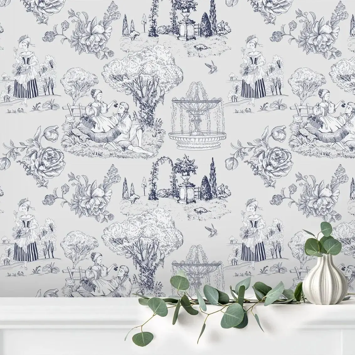 Toile De Jouy Wallpaper Classic Provence Peel and Stick Wallpaper,Vintage Design Wall Mural Home Decor.Self-adhesive or Un-paste