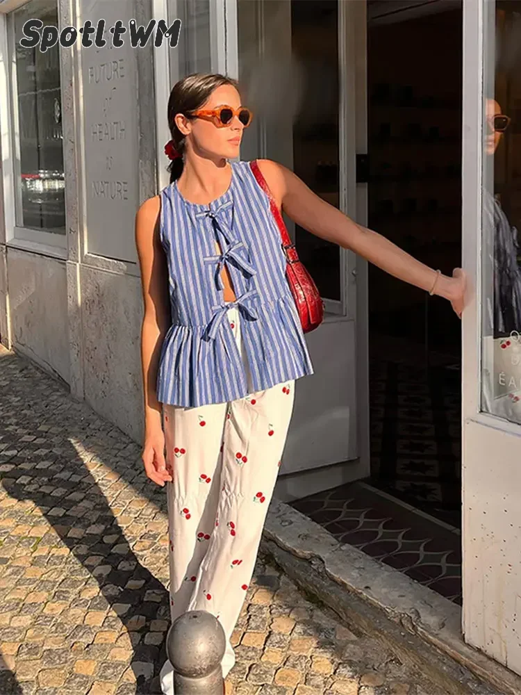 Mulheres oco, listrado azul, colete com renda para cima, casual, colete solto com gola V, top feminino de streetwear, sexy, novo, primavera, verão