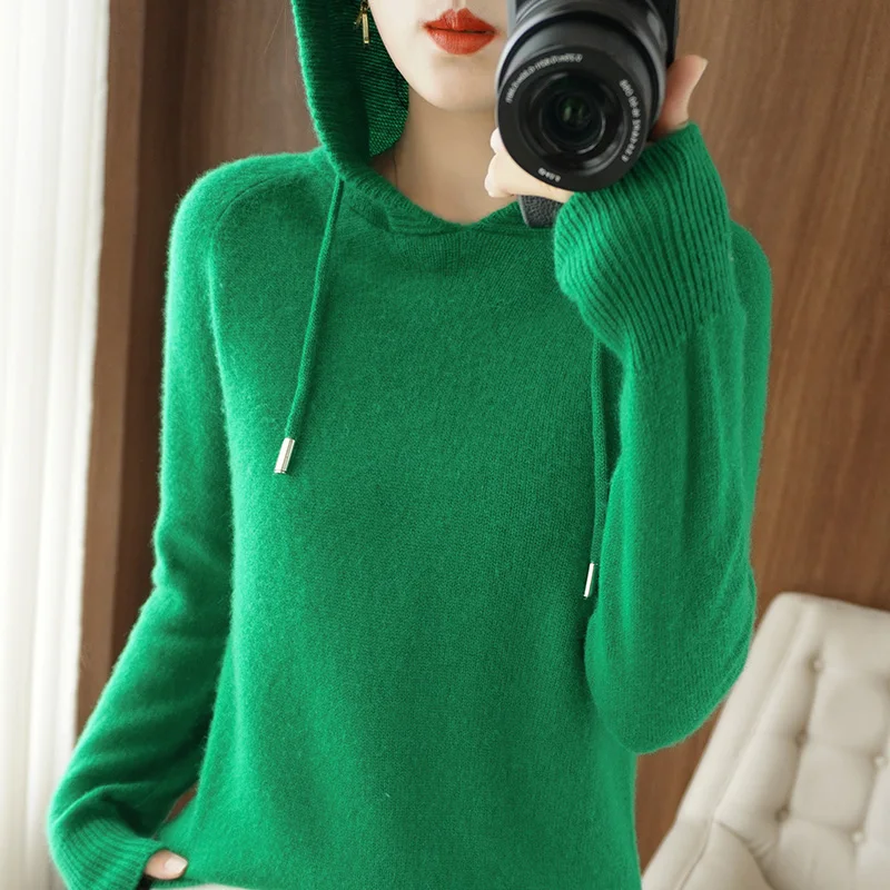 Women Merino Wool Sweater Outwear Hooded Collar Pullover Autumn Winter Bottoming Knitwear Casual Warm Soft Tops Solid Color