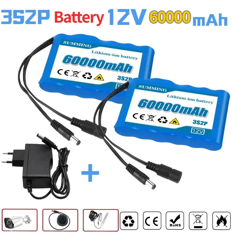 

Original Lithium Ion Battery18650 3S2P 12V 60000mAh 60Ah Rechargeable CCTVCamera Monitor Replacement Battery+12.6V Charger