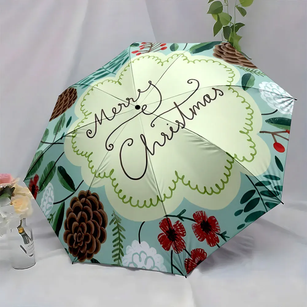 1PC Festive Pinecones and Florals Umbrella with Christmas Text Print 8 Iron Ribs Folding Umbrella Auto-Open Fashion Sunshade