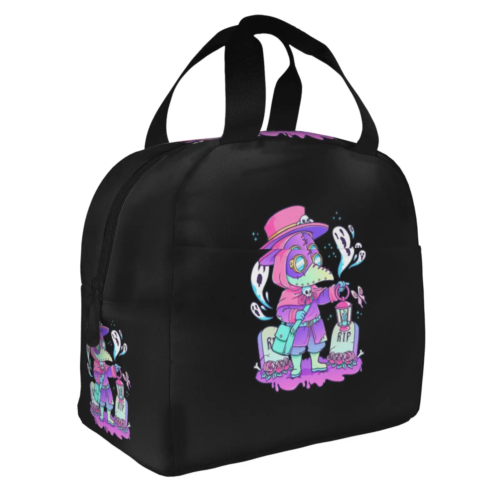 Pastel Goth Cute Creepy Plague Doctor Lunch Tote Bag Insulated Leakproof Lunch Box Container with Front Pocket for Girls Boys