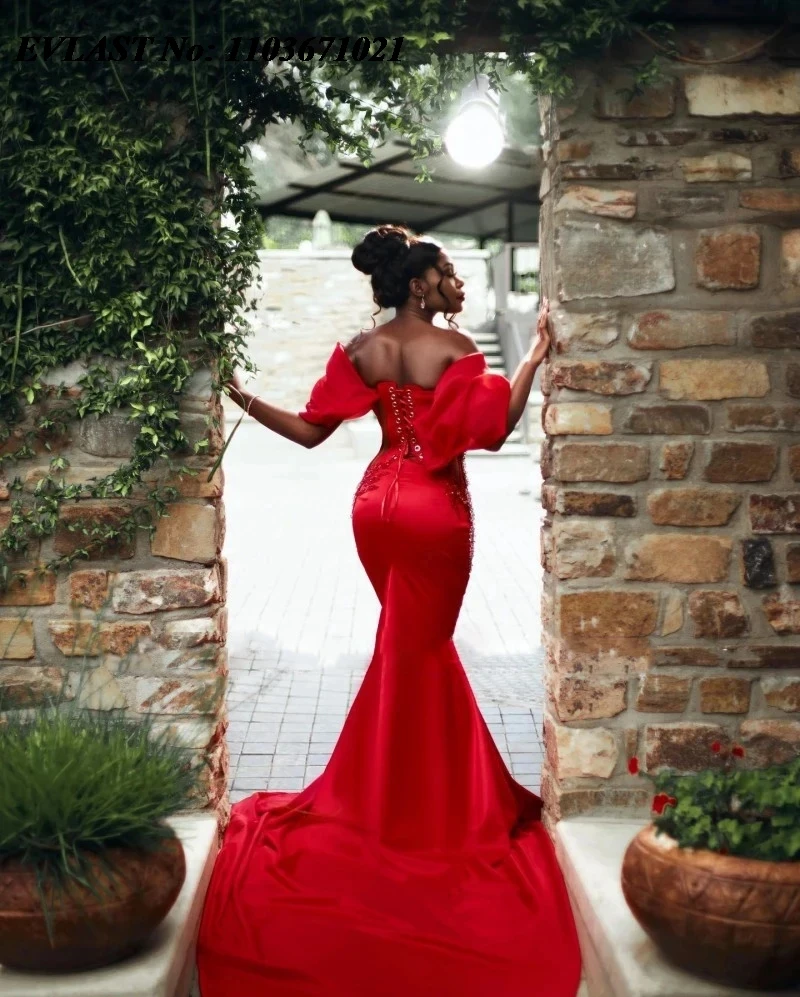 EVLAST Customized Red Mermaid Prom Dress Aso Ebi African Wedding Party Gowns Beading Off Shoulder Formal Occasion Dress P163