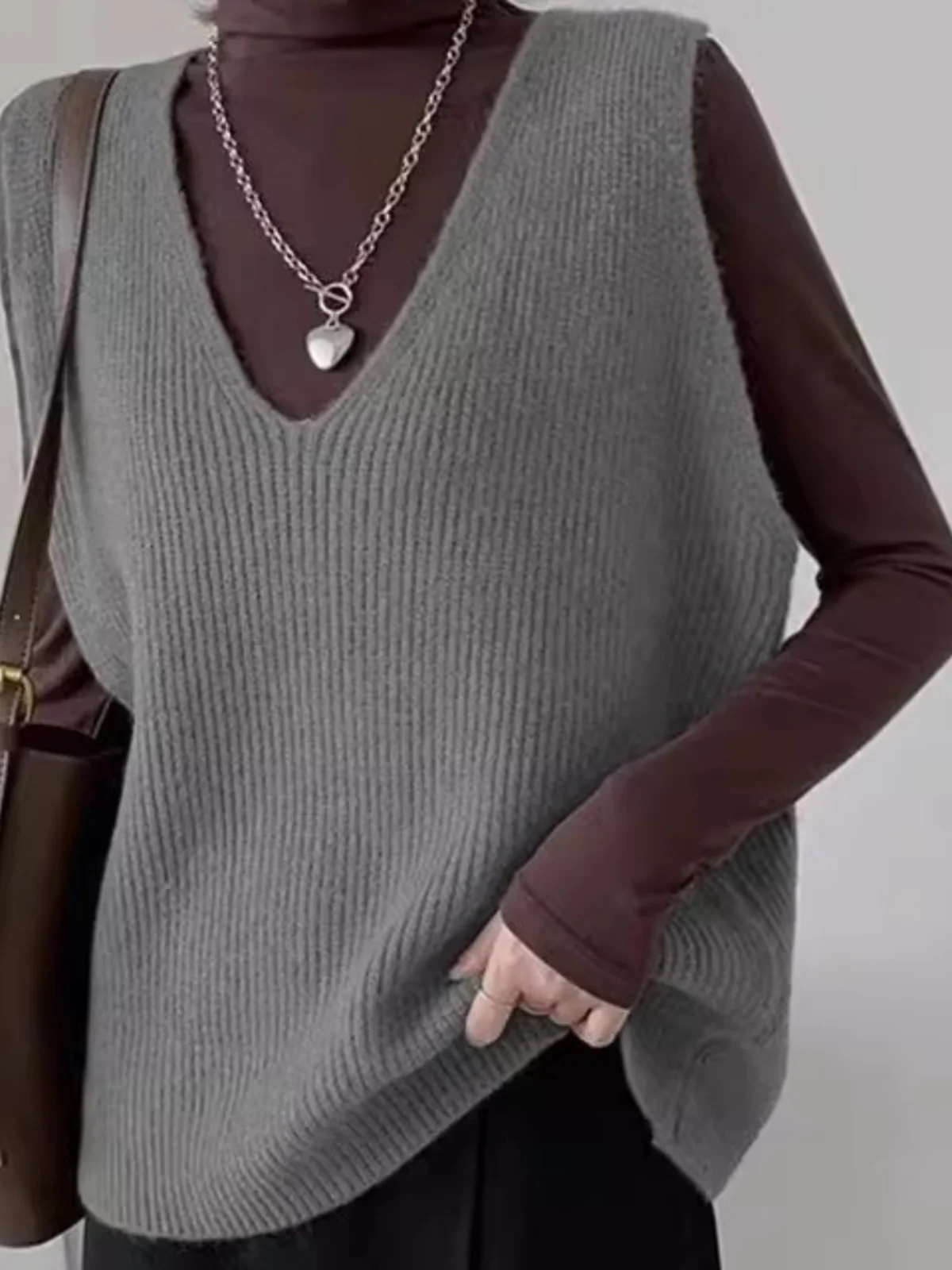 

Casual Loose V-ne Color Sweater Street Sle Loose Fit Pure Color Knitwear Autumn Winter Women's Faion