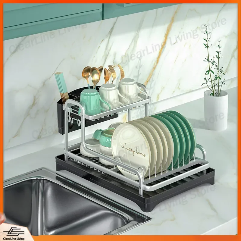 Hot Selling Aluminum Alloy Kitchen Storage Rack Double Layer Dish Drain Rack Bowl Rack Countertop Organizer Space Saving