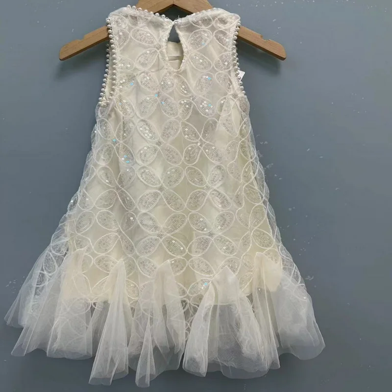 Kids Girlnew Summer Princess Dress Korean Style Round Neck Sleeveless Solid Color Sequined Vest Dresses Children Clothing H23229