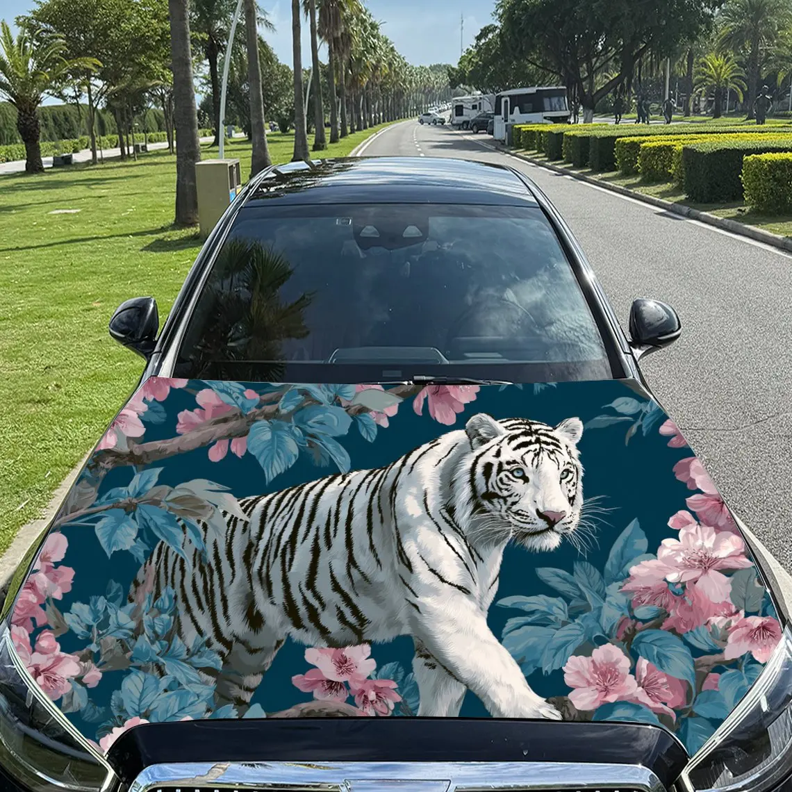 Car Decal White Tiger with Blue Stripes Amidst Pink Floral Artistic Background & Elegant-Mystic Aesthetic Car Hood Sticker, Wate