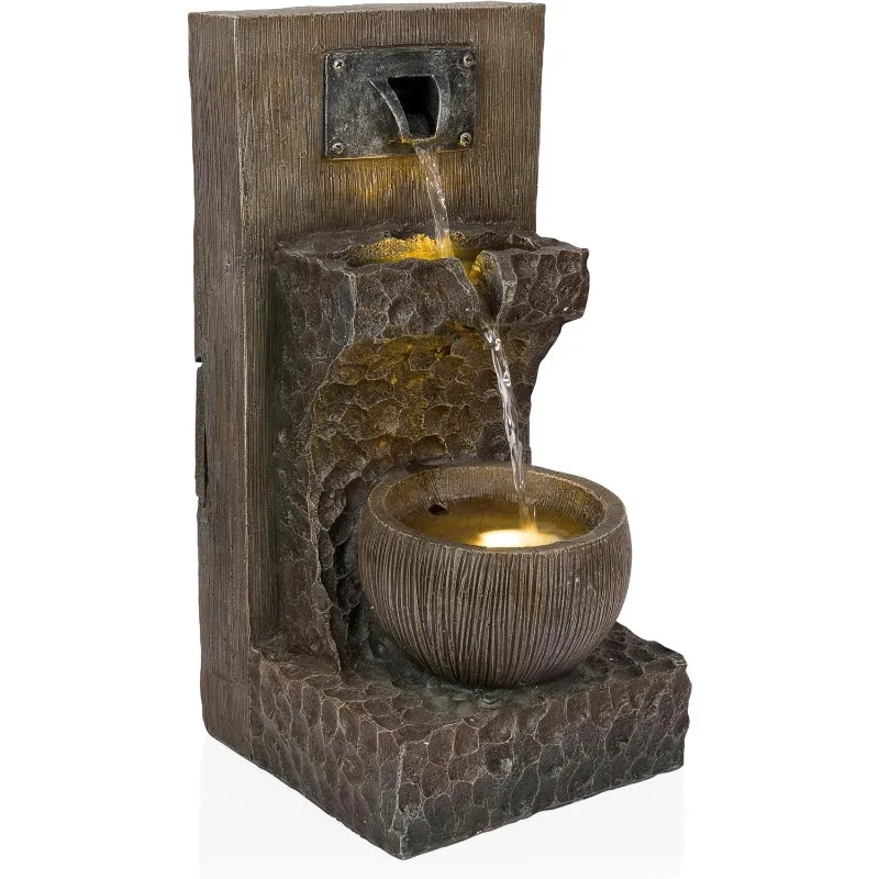 

ZDQ108 Indoor/Outdoor Floor 3-Tier Fountain with LED Lights, Cascading Garden Water Fountain, 20" H, Brown