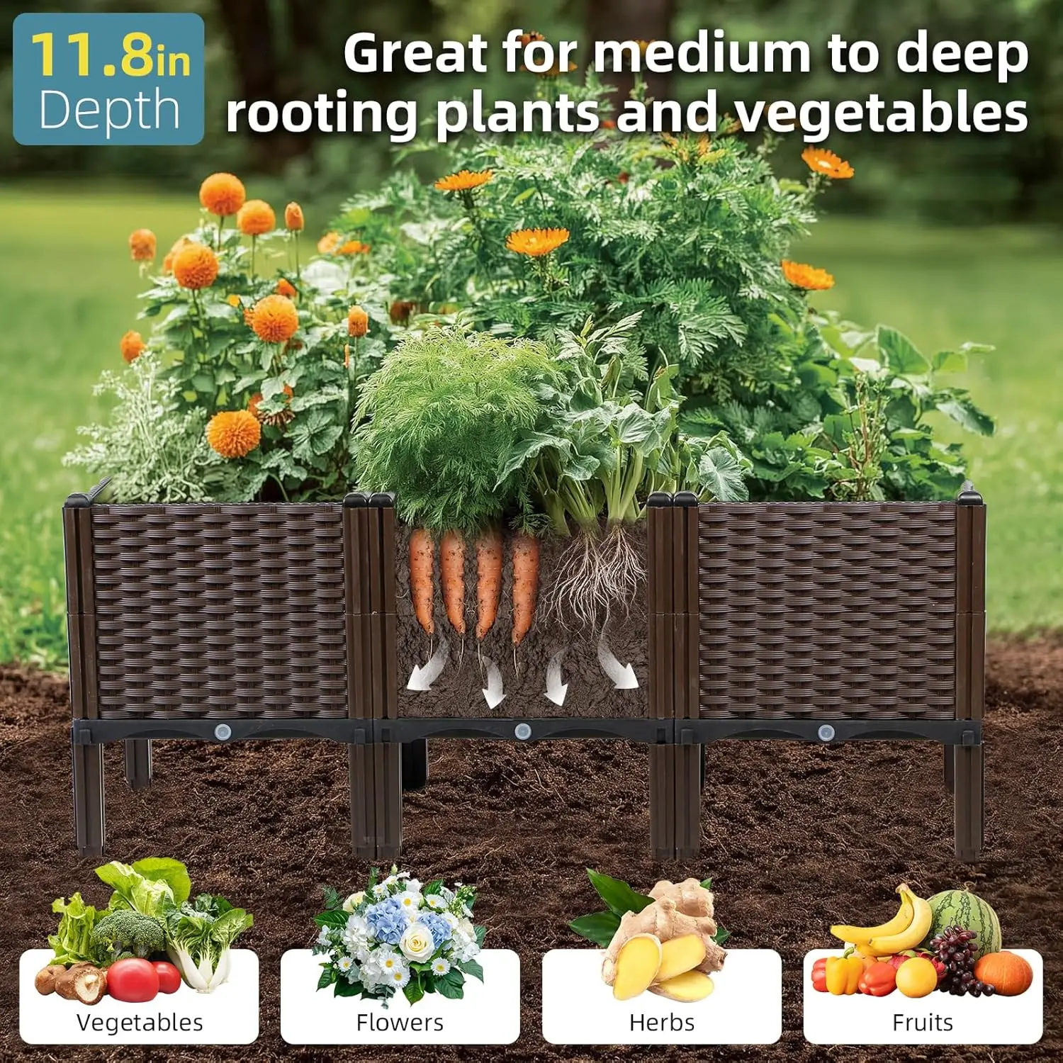 Outdoor Gardening Rattan Planter, Natural Color, Self-Watering and Rectangular Design