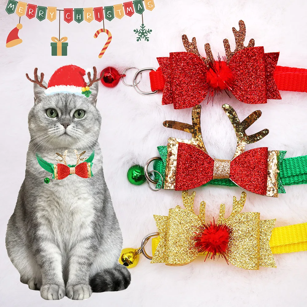20/40PCS New Dog Collars With Bell Christmas Party Antlers Adjustable Dog Bow Ties Fashion Pet Supplies For Dog Bowties