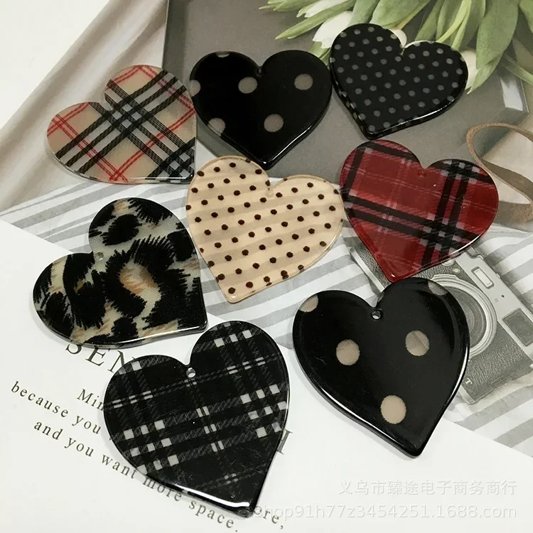 5pcs Acrylic Polka Dot Plaid Leopard Print Peach Cabochon Heart Shaped Accessories DIY Handmade Earrings Jewelry Material