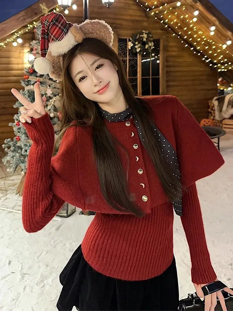 

Korean Christmas outfit with red cape sweater set, women's autumn and winter 2025 new lazy style high-end top