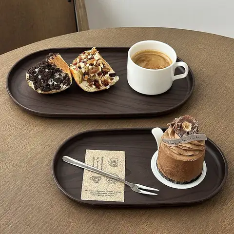 Walnut Wood Grain Oval Tray - Multi-Purpose Serving Plate for Coffee, Cakes, Snacks, Desserts & Kitchen Storage