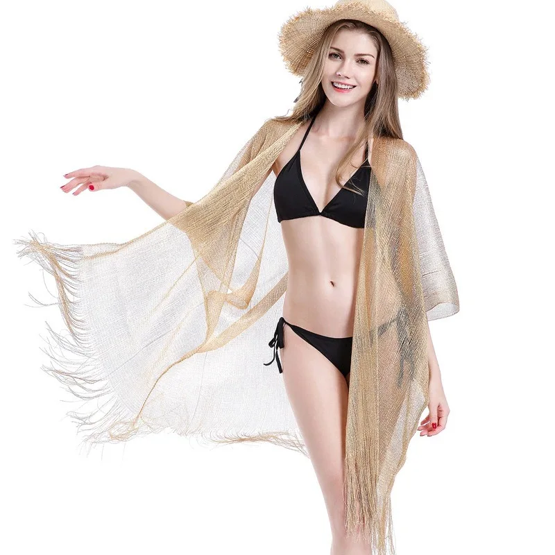 2025 Summer New  Print Gold Wire Hollow Tassel Shawl Beach Sunscreen Sunshade Cardigan Lady Cloak Poncho Capes