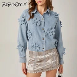 TWOTWINSTYLE Denim Spliced Appliques Jackets For Women Lapel Long Sleeve Patchwork Buttons Vintage Casual Coat Female Fashion