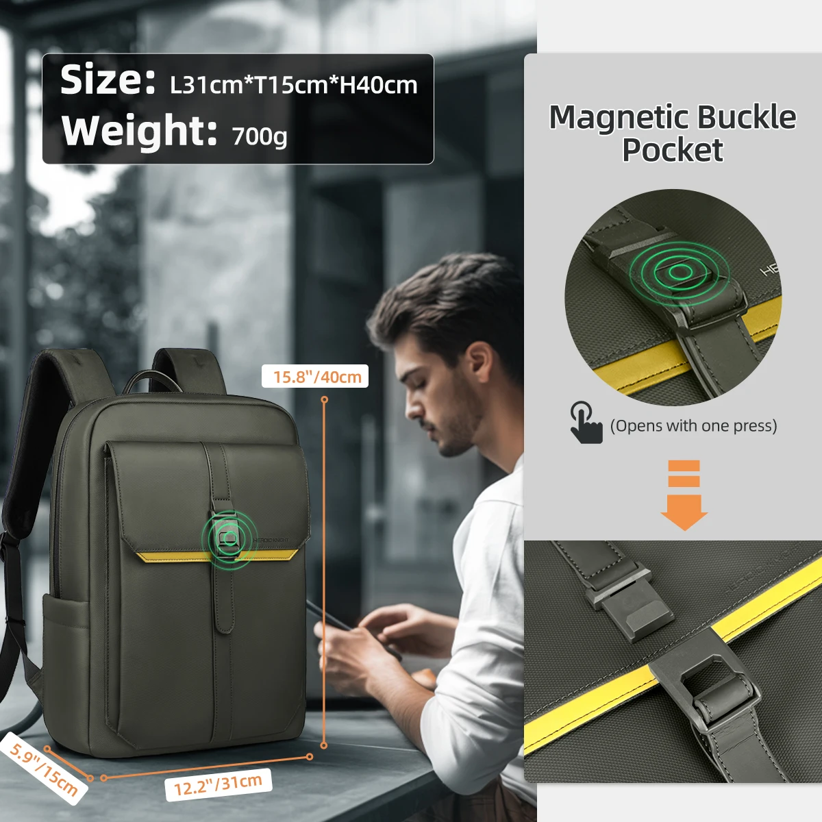 حقيبة ظهر للأعمال من HK Flap للرجال مقاومة للماء مقاس 15.6 بوصة للكمبيوتر المحمول حقيبة ظهر كاجوال ذات سعة كبيرة حقيبة مدرسية حقيبة ظهر للسفر #5