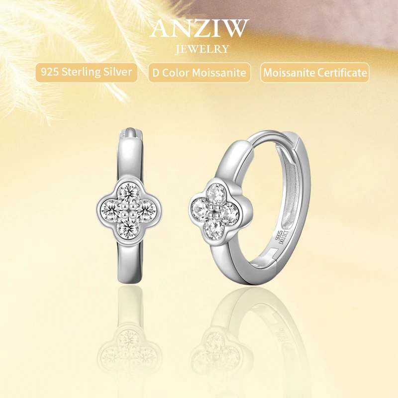 

Anziw Delicate Clover Flower Hoop Huggie Moissanite Earrings for Women 925 Silver 18K Gold Plated Certified Fine Jewelry Gifts