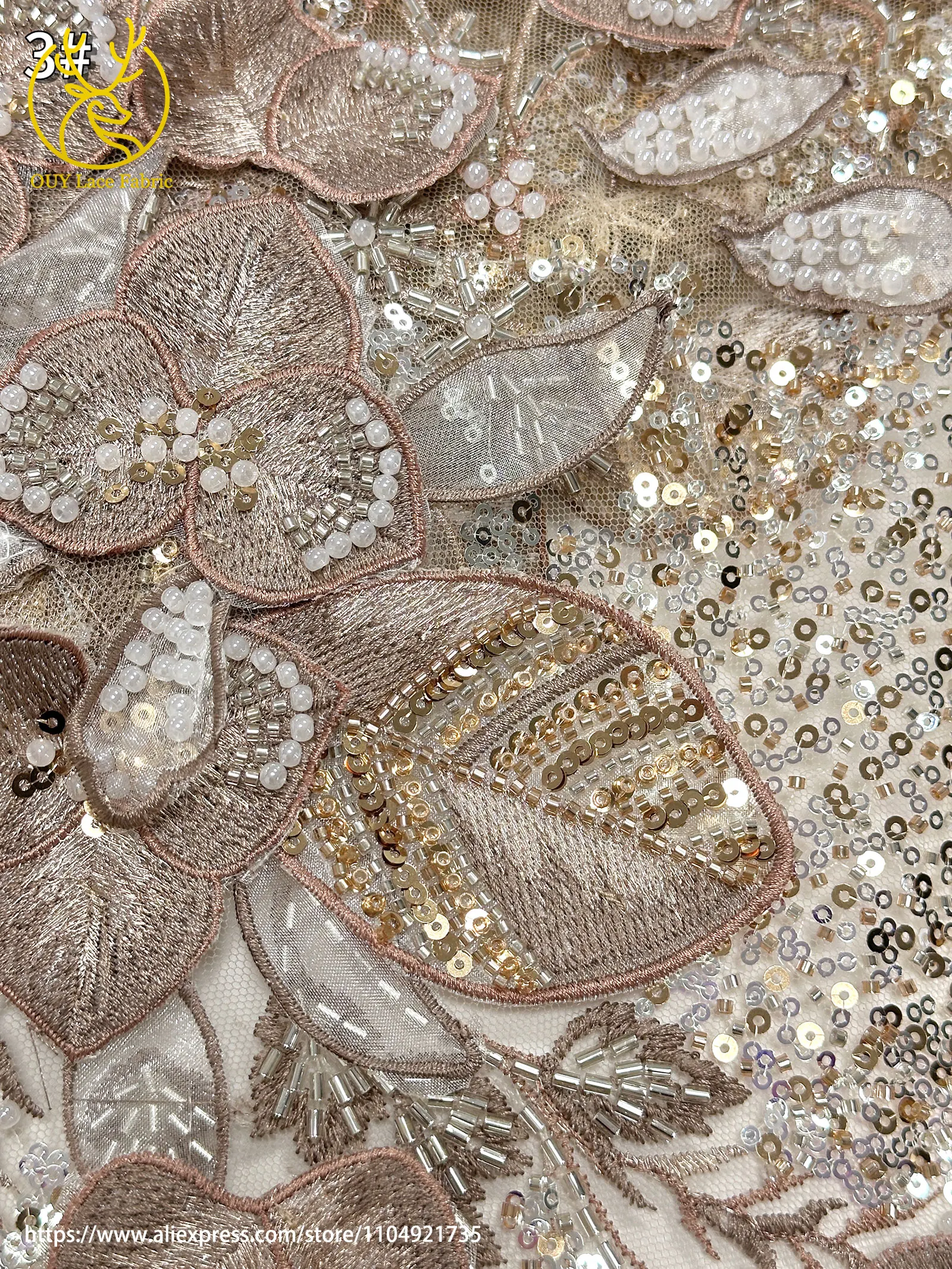 Französischer Luxus 3D-Blumen-Stickerei-Spitzenstoff 2026 Afrika Nigeria Pailletten-Perlen-Spitzenstoff für Braut-Hochzeitskleid Nähen – Detail 18