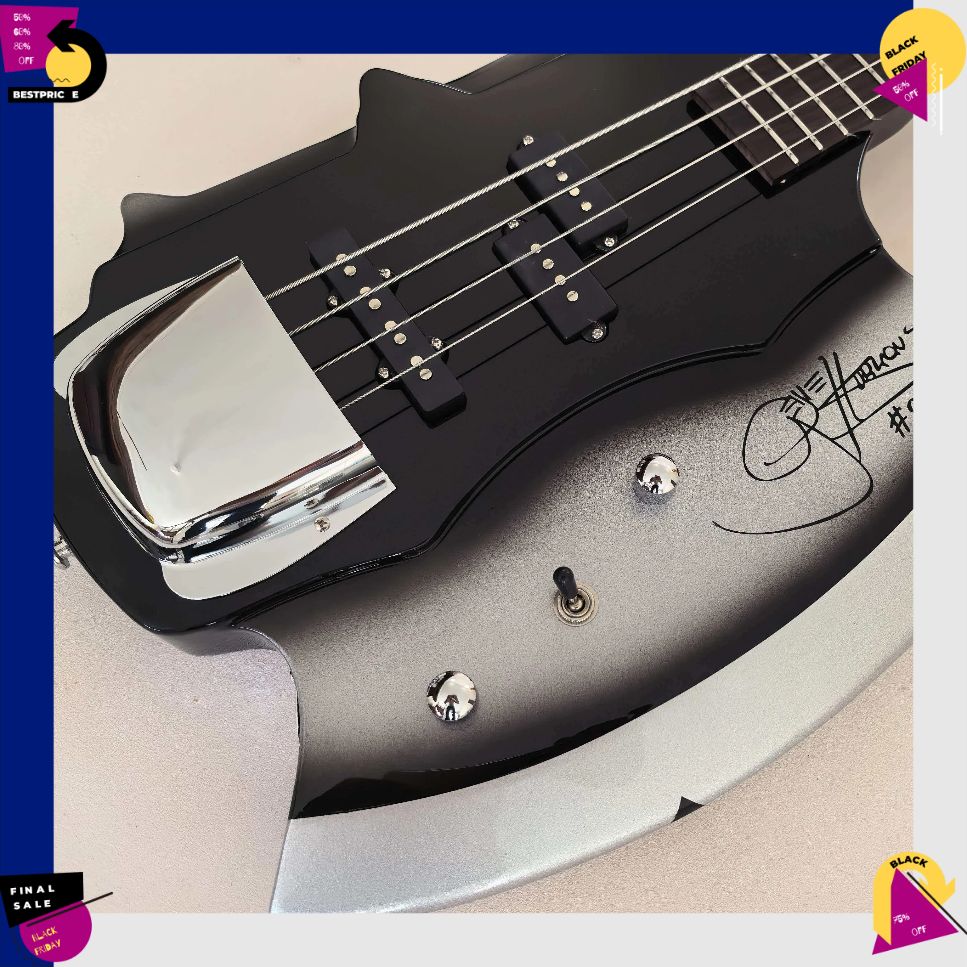 4-String Bass Guitar Black-to-Silver Fade Axe Shape Split Single-Coil Pickup Metal Hardware Glam Rock Mahogany Body Gift