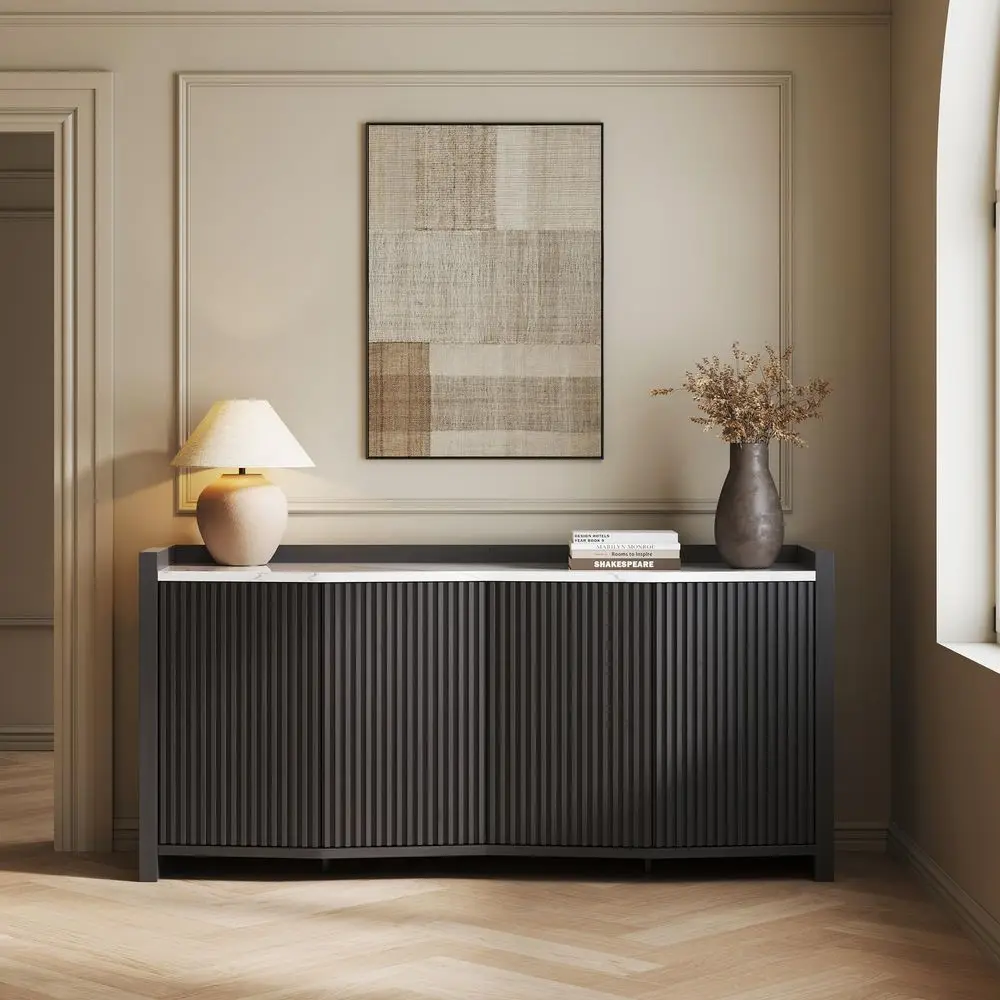 

66 Inch Sideboard Buffet Cabinet, Accent Modern Credenza Storage with Adjustable Shelves, Fluted Black Console Table with Faux
