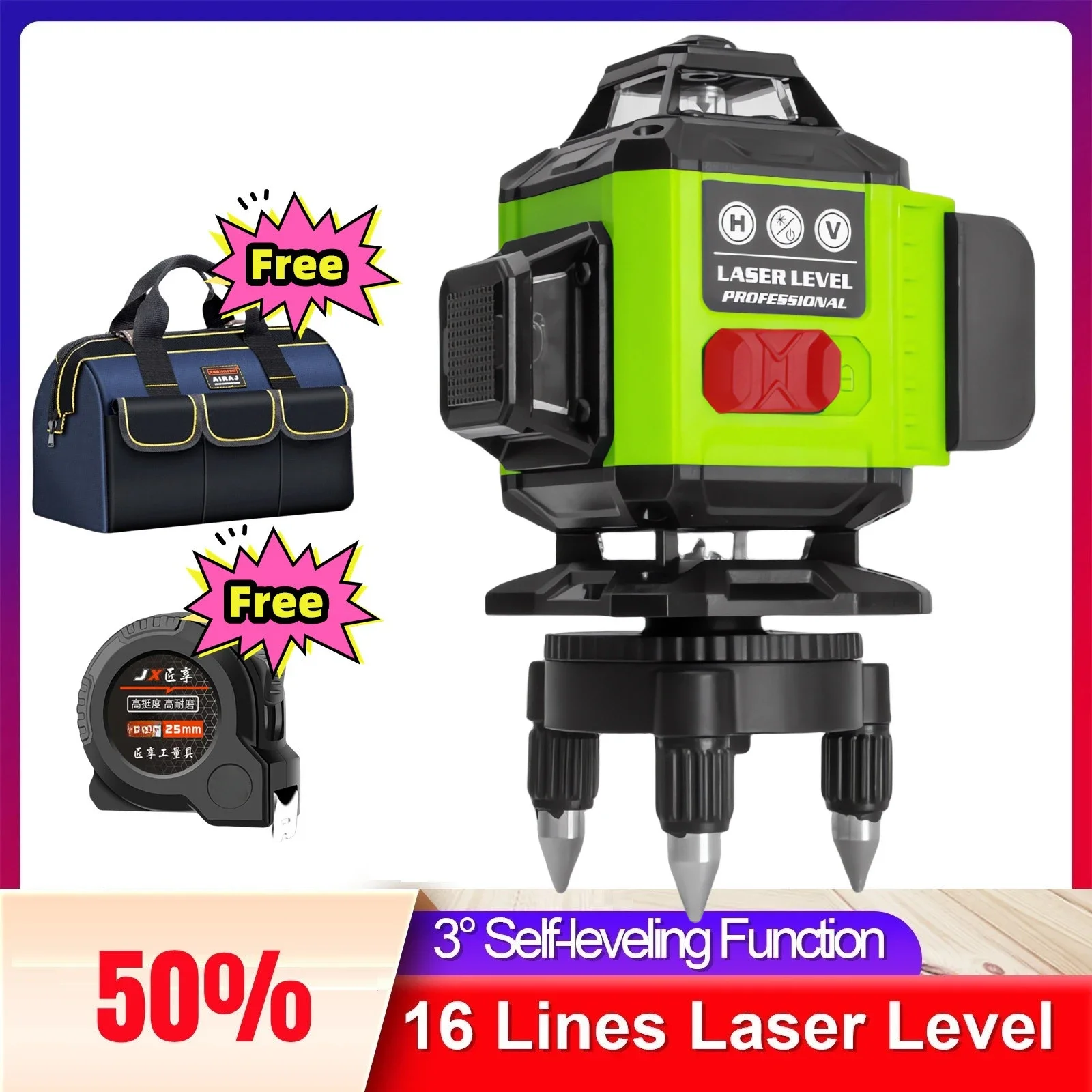 Professional 16 Line 4D Laser Level Self-Leveling Horizontal and Vertical Cross Line Super Powerful Green Beam Construction Tool