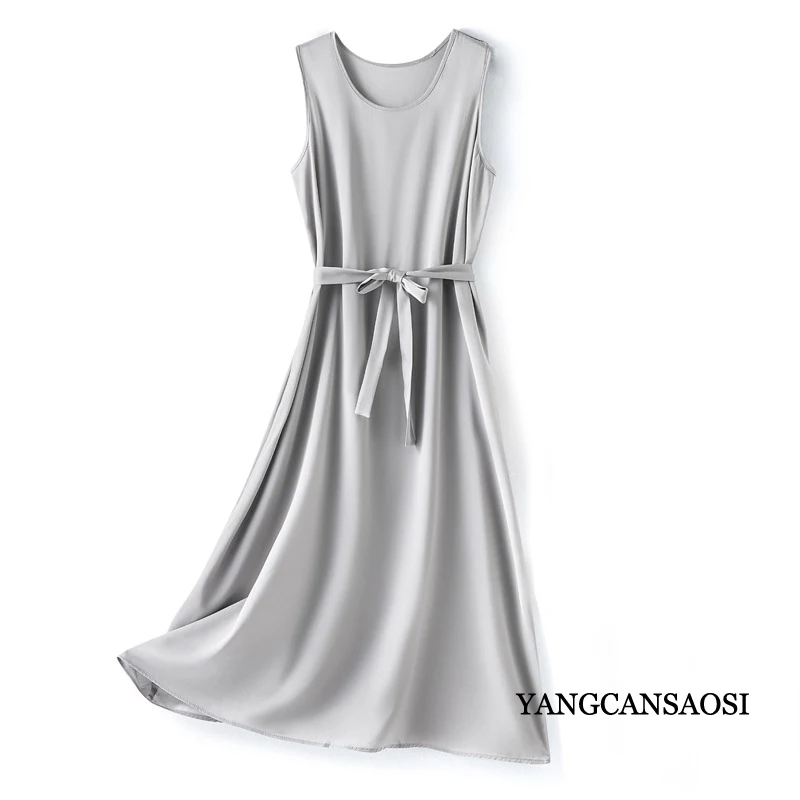 Roupas casuais femininas 93% seda amoreira natural cetim elástico cor sólida em torno do pescoço sem mangas versátil casual vestido solto