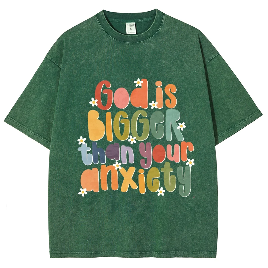 God Is Bigger Than Anxiety Y2K Washed Short Sleeves T-Shirt, Creative Printed Unisex Vintage Streetwear Fashion Plus Size Tops