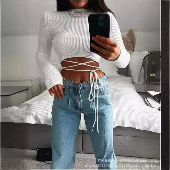 

Women's Clothing White Short Tied Long Sleeves Knitwear Pullover Solid Color Lace Up Sweater Fashion