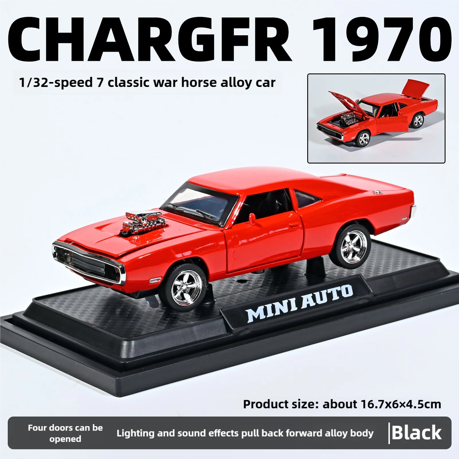 Modèle de voiture de sport Dodge Charger en alliage pour enfants, simulation 1:32, son, lumière, côtes arrière, voiture de luxe, jouet pour enfants, ornements cadeaux, 1970