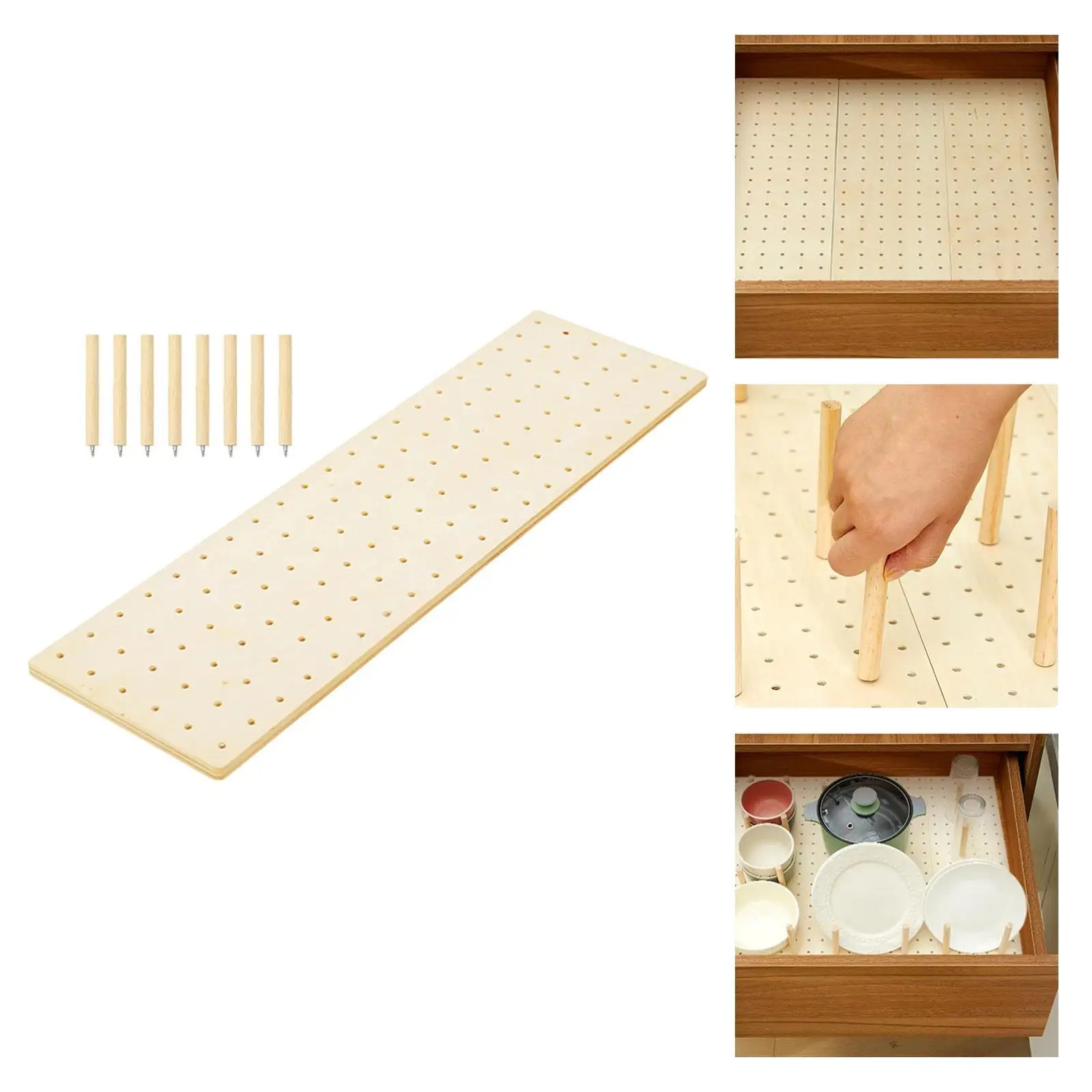 Wood Pegboard Drawer Organizer Storage Wooden Pegboard Sturdy Dish and Plate Organizer for Pot Cookware Tableware Utensils Bowls
