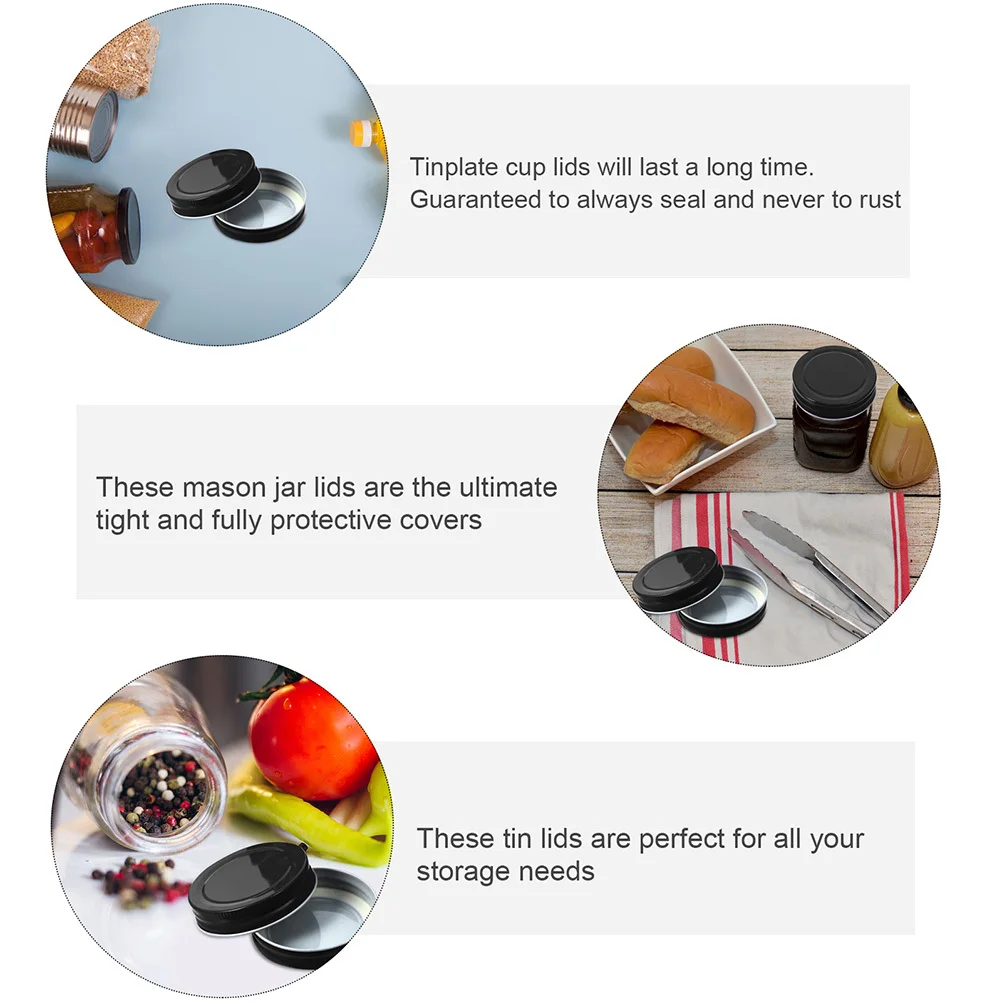 

16pcs Tinplate Jar Lids 7.0Cm Black Sealing Caps For Mason Jars Silicone Ring Tight Fit Storage Lid Replacement Covers Kitchen