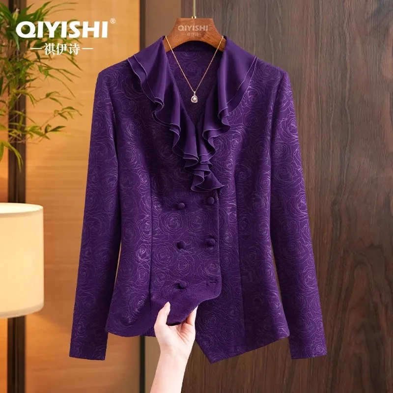 

Фиолетовая жаккардовая блузка с v-образным вырезом и цветочным принтом, женская осенняя офисная мода 202, облегающая рубашка, наряд