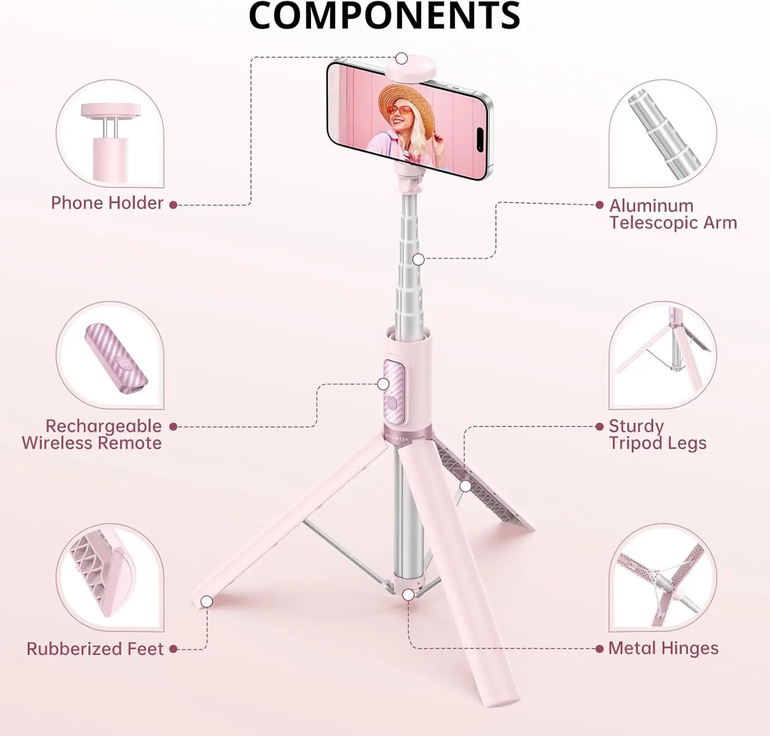 55' ausziehbares Aluminium-Selfie-Stick-Stativ mit Bluetooth-Fernbedienung, rosa, passend für 4,7-7' Telefone