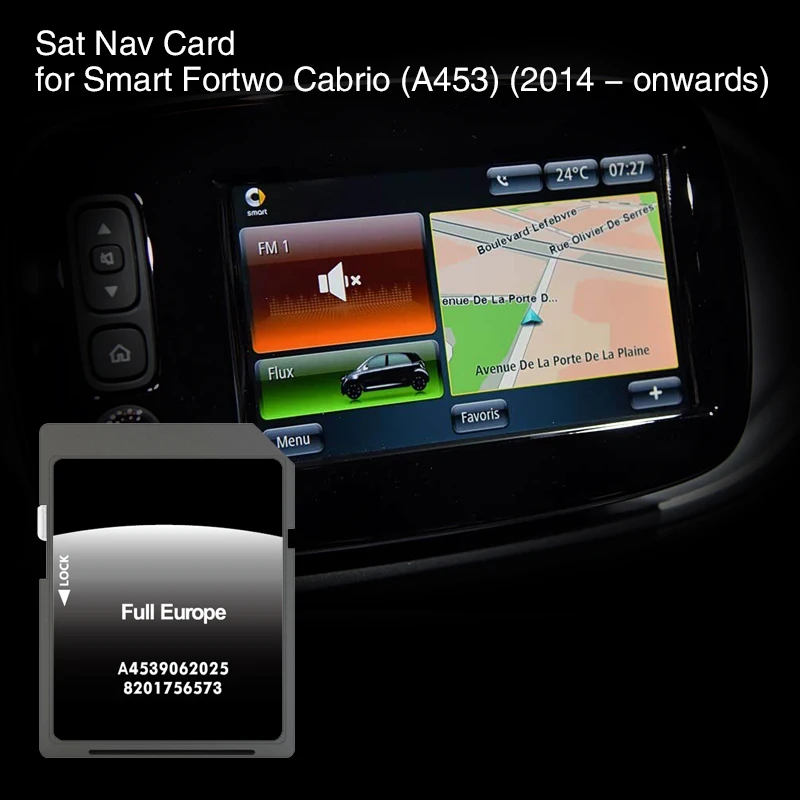 

Compatibility for Smart Fortwo Cabrio (A453) (2014 - onwards) Sat Nav Map Memory Card Use in England Spain Poland Italy Norway