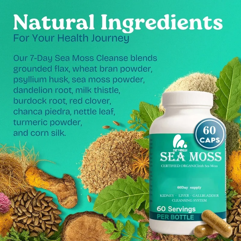 Seaweed capsules contain a mixture of dandelion roots, milk thistle, burdock roots, red clover, and parsley - liver health herbs